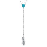 wholesale 925 Sterling Silver & Turquoise Stone Feather Lariat Necklace - Mothers Day Gifts- Rhodium Plated