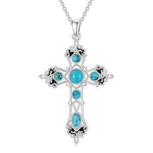 Sterling Silver Turquoise Gothic Cross Pendant Necklace-0