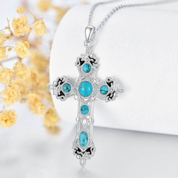 Sterling Silver Turquoise Gothic Cross Pendant Necklace-3