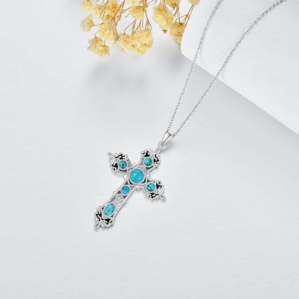 Sterling Silver Turquoise Gothic Cross Pendant Necklace-4