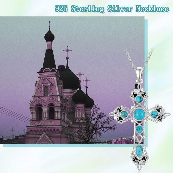 Sterling Silver Turquoise Gothic Cross Pendant Necklace-5