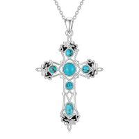 wholesale 925 Sterling Silver with Turquoise and Black Enamel Gothic Cross Pendant Necklace for Women- Rhodium Plated