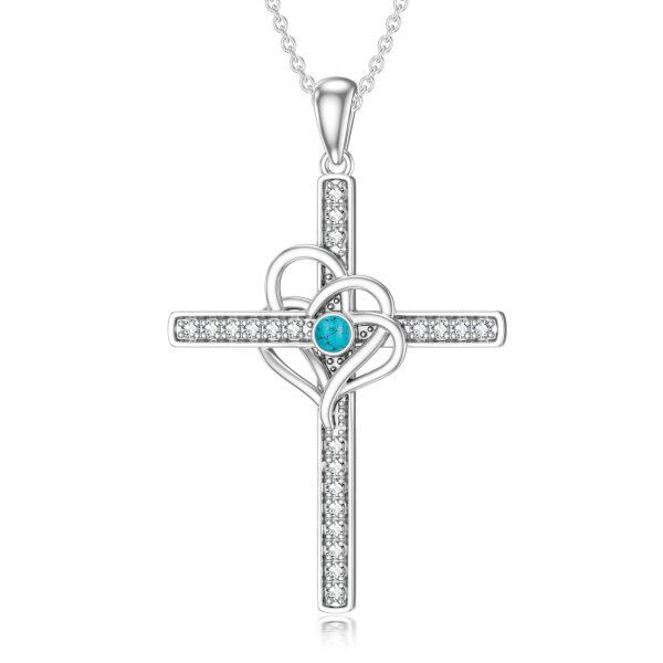 Sterling Silver Turquoise Heart Cross Pendant Necklace-0