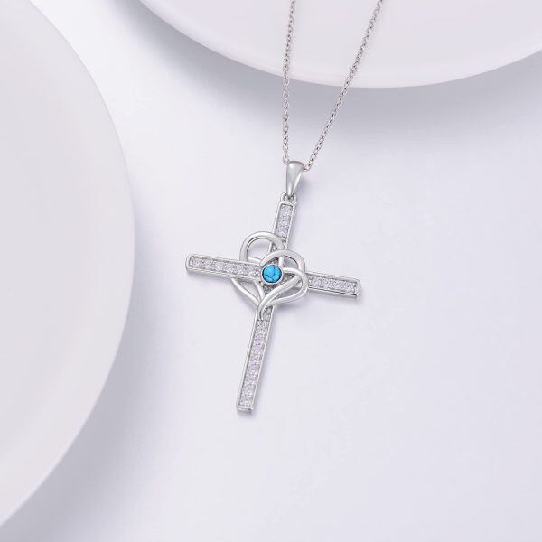 Sterling Silver Turquoise Heart Cross Pendant Necklace-3