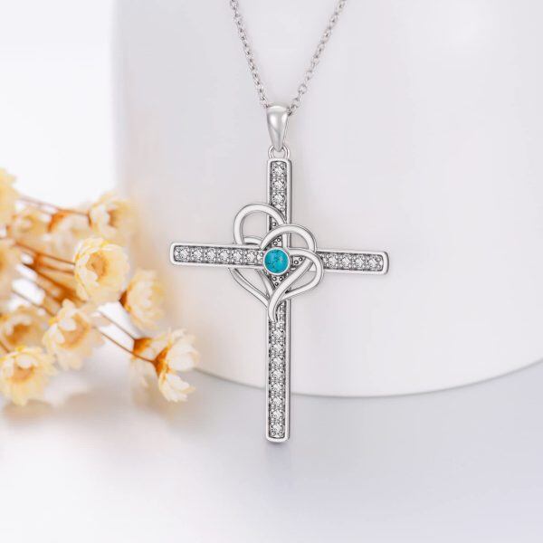 Sterling Silver Turquoise Heart Cross Pendant Necklace-4