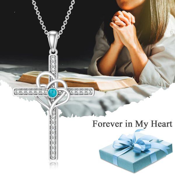 Sterling Silver Turquoise Heart Cross Pendant Necklace-5