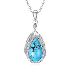 Sterling Silver Boho Feather Teardrop Turquoise Pendant Necklace with December Birthstone-0