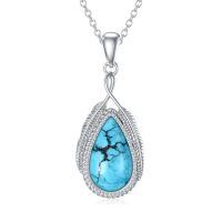 wholesale 925 Sterling Silver Natural Turquoise Tear Drop Pendant Necklace for Women- Rhodium Plated