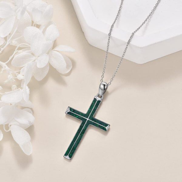 Sterling Silver Crushed Turquoise Shell Cross Pendant Necklace-4