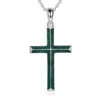 wholesale 925 Sterling Silver Green Stone Cross Pendant Necklace with Chain - 36 Length- Rhodium Plated
