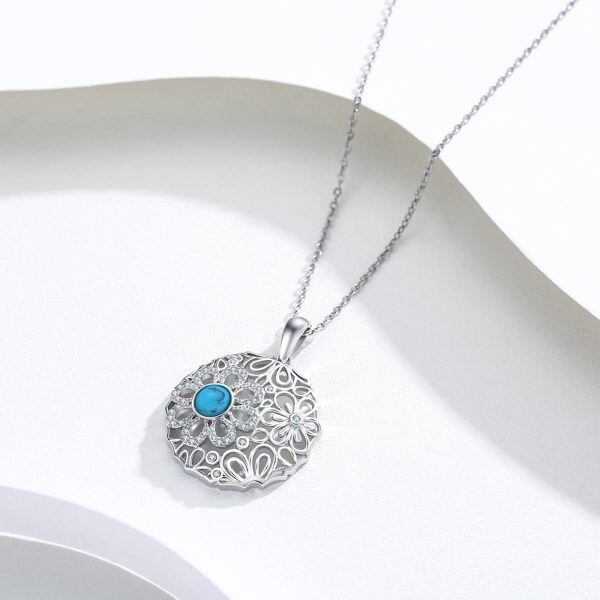 Sterling Silver Daisy Turquoise Pendant Necklace-3