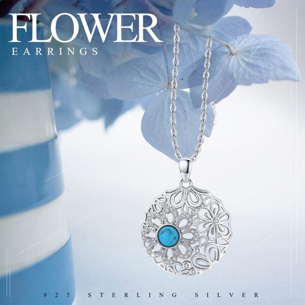 Sterling Silver Daisy Turquoise Pendant Necklace-4