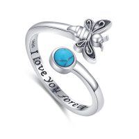 wholesale 925 Sterling Silver Turquoise Butterfly I love you forever Adjustable Ring for Women- US # 8