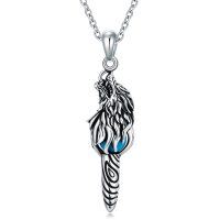 wholesale 925 Sterling Silver Blue Stone Wolf Head Pendant Necklaces for Women and Men s- Oxidized/Oxidised