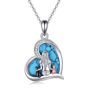 Sterling Silver Girls Cat Pendant Necklace with Turquoise Heart-0