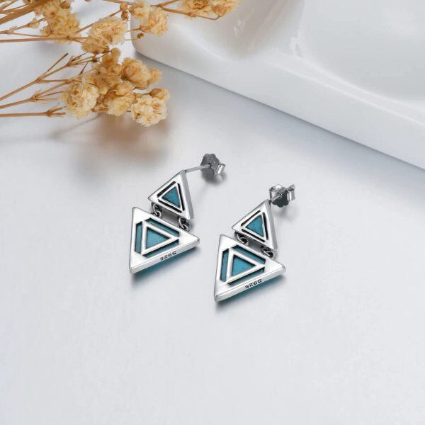 Sterling Silver Geometric Triangle Turquoise Dangle Earrings-4