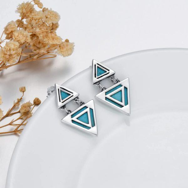 Sterling Silver Geometric Triangle Turquoise Dangle Earrings-5