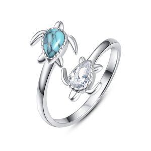 Sterling Silver Sea Turtle Turquoise Adjustable Rings-0