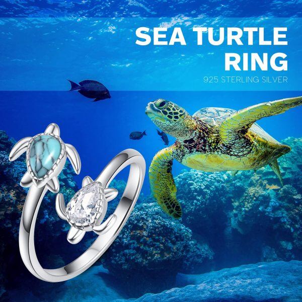 Sterling Silver Sea Turtle Turquoise Adjustable Rings-5