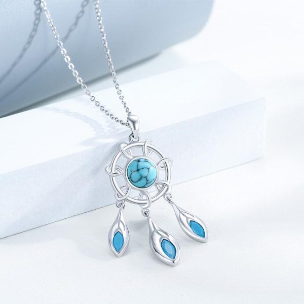 Sterling Silver Dream Catcher Turquoise Pendant Necklace-4