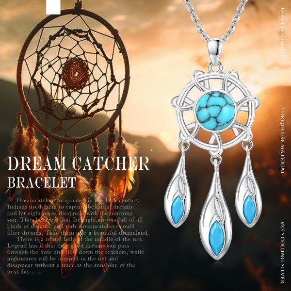 Sterling Silver Dream Catcher Turquoise Pendant Necklace-5