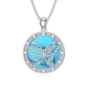 Sterling Silver Butterfly Turquoise Pendant Necklace-0