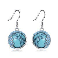 wholesale 925 Sterling Silver Round Blue Turquoise Stone Drop Dangle Hook Earrings for Women Vintage Boho Chic Gift Ideas- Rhodium Plated