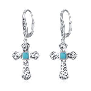 Sterling Silver Turquoise Cross Dangle Earrings-0