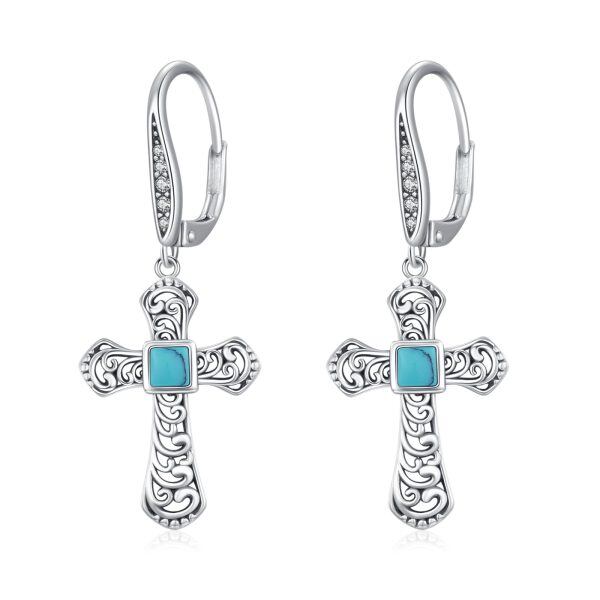 Sterling Silver Turquoise Cross Dangle Earrings-0