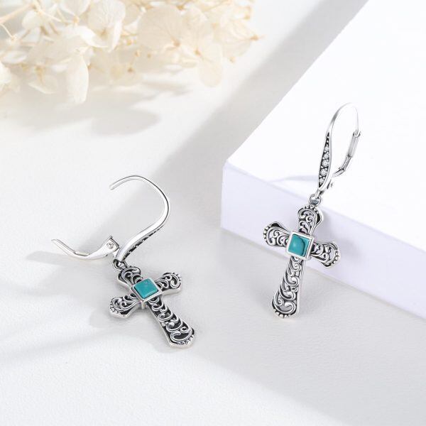 Sterling Silver Turquoise Cross Dangle Earrings-4