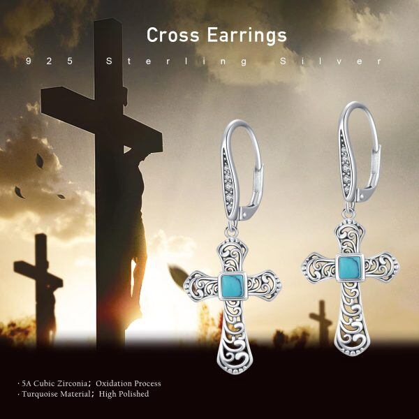 Sterling Silver Turquoise Cross Dangle Earrings-5