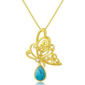 Sterling Silver Filigree Butterfly Turquoise Pendant Necklace-0