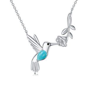 Sterling Silver Hummingbird Flowers Pendant Necklace with Turquoise -0