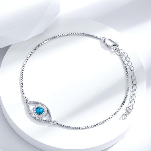 Sterling Silver Evil Eye Chain Bracelets with Round Turquoise-3