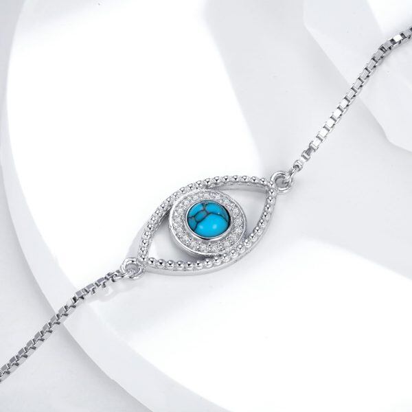 Sterling Silver Evil Eye Chain Bracelets with Round Turquoise-4