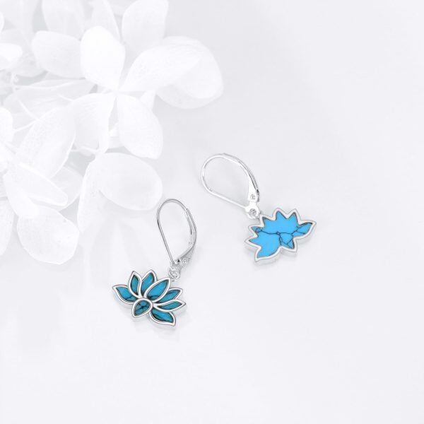 Sterling Silver Lotus Turquoise Dangle Earrings-3