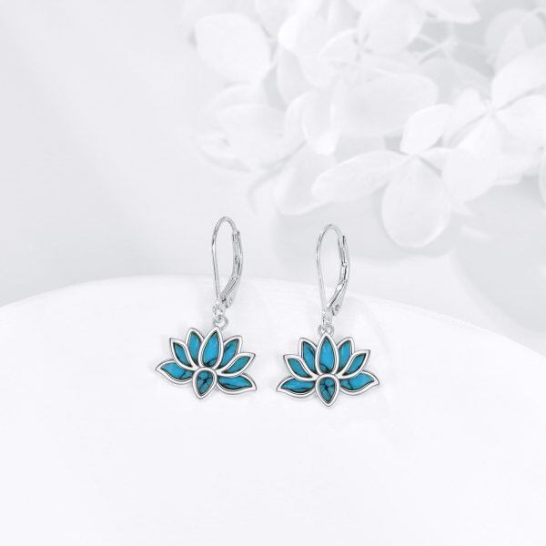 Sterling Silver Lotus Turquoise Dangle Earrings-4