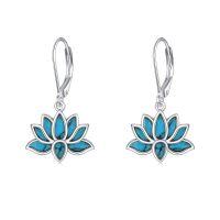 wholesale 925 Sterling Silver Turquoise Lotus Flower Dangle Drop Leverback Earrings Yoga Fashion s for Women and Girls- Rhodium Plated