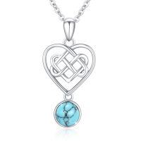 wholesale 925 Sterling Silver Round Blue Turquoise Celtic Knot Heart Necklace for Women- Rhodium Plated
