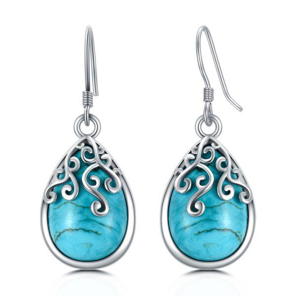 Sterling Silver Filigree Teardrop Turquoise Dangle Earrings-0