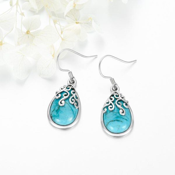 Sterling Silver Filigree Teardrop Turquoise Dangle Earrings-3