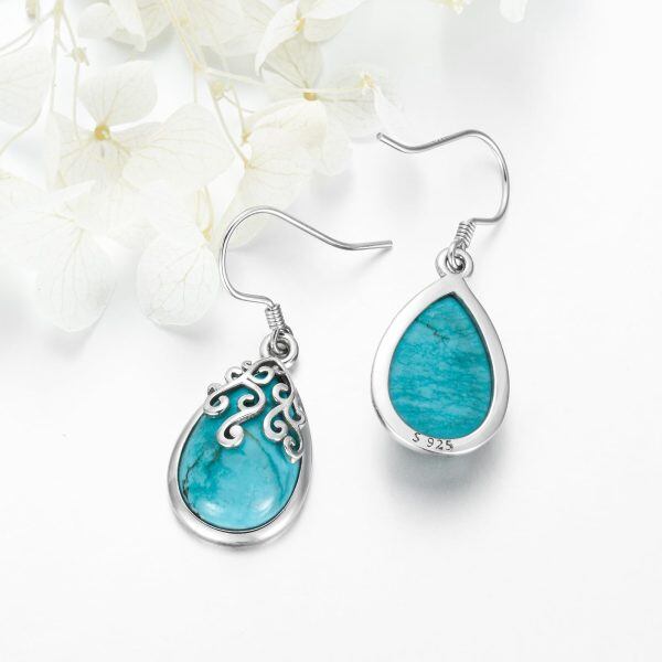 Sterling Silver Filigree Teardrop Turquoise Dangle Earrings-4