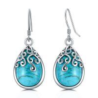 wholesale 925 Sterling Silver Teardrop Turquoise Filigree Dangle Earrings for Women Gifts- Rhodium Plated