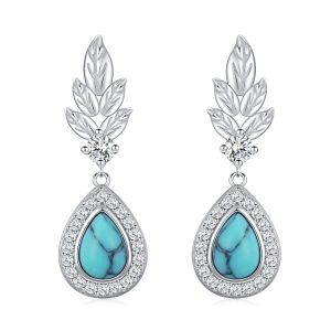 Sterling Silver Leaf Turquoise Dangle Earrings-0