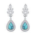 wholesale 925 Sterling Silver Turquoise Teardrop Drop Dangle Earring with Leaves and Cubic Zirconia - Fashionable Ear Studs for Women-0-0