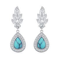 wholesale 925 Sterling Silver Turquoise Teardrop Drop Dangle Earring with Leaves and Cubic Zirconia - Fashionable Ear Studs for Women- Rhodium Plated