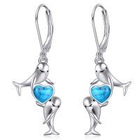 wholesale 925 Sterling Silver Heart-Shaped Turquoise Stone Dolphins Leverback Earrings for Women- Rhodium Plated