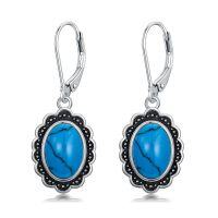 wholesale 925 Sterling Silver Oval Turquoise Leverback Drop Earrings Gift for Mom- Oxidized/Oxidised