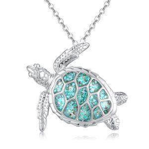 Sterling Silver Turquoise Crushed Stone Sea Turtle Pendant Necklace-0