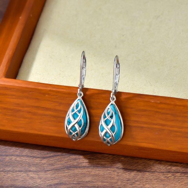 Sterling Silver Celtic Natural Turquoise Dangle Earrings-2